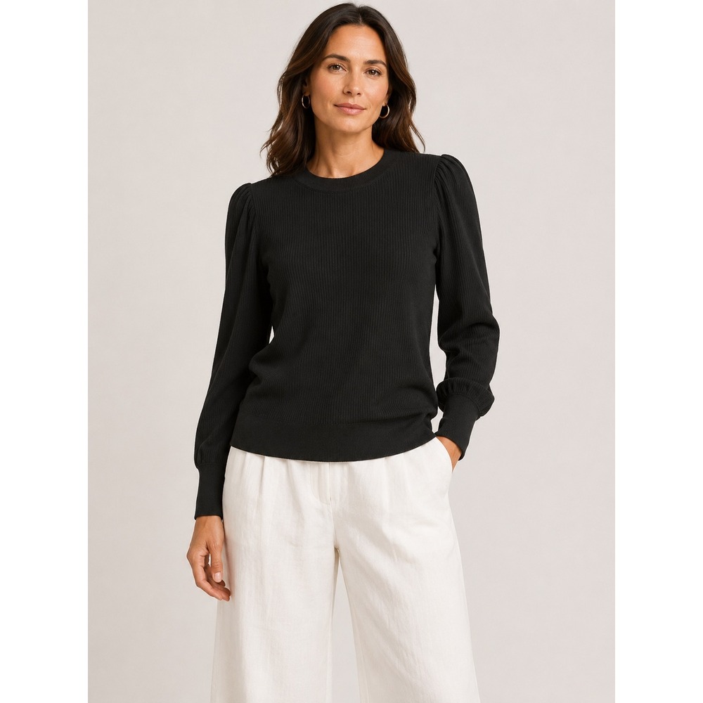 J.Crew Women Ribbed Puff Sleeve Sweater L Black Crew Neck Classic Minimalist